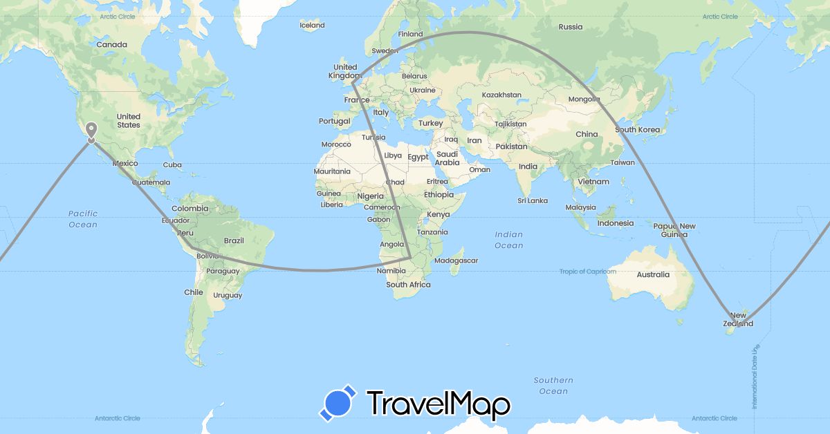 TravelMap itinerary: driving, plane in China, United Kingdom, New Zealand, Peru, United States, Zambia (Africa, Asia, Europe, North America, Oceania, South America)